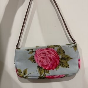 Kate Spade Cabbage Rose Blue Sam Bag Pink Roses Fabric Handbag. RARE